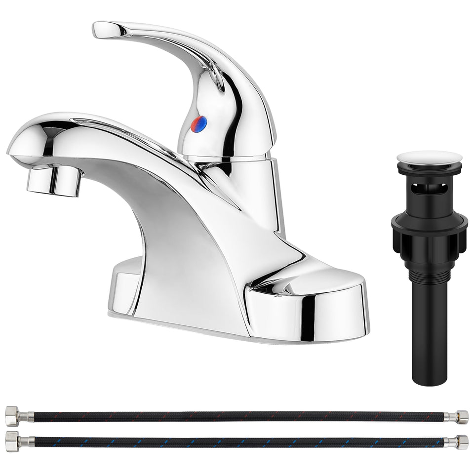 Aolemi Arc faucet with 4-inch centerset, chrome finish, for a durable, reflective look.