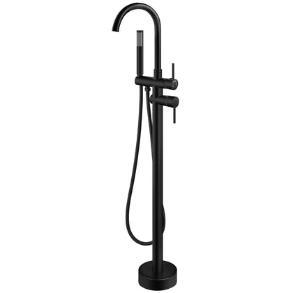 Aolemi floor mount tub faucet in matte black showing a sleek freestanding design and durability