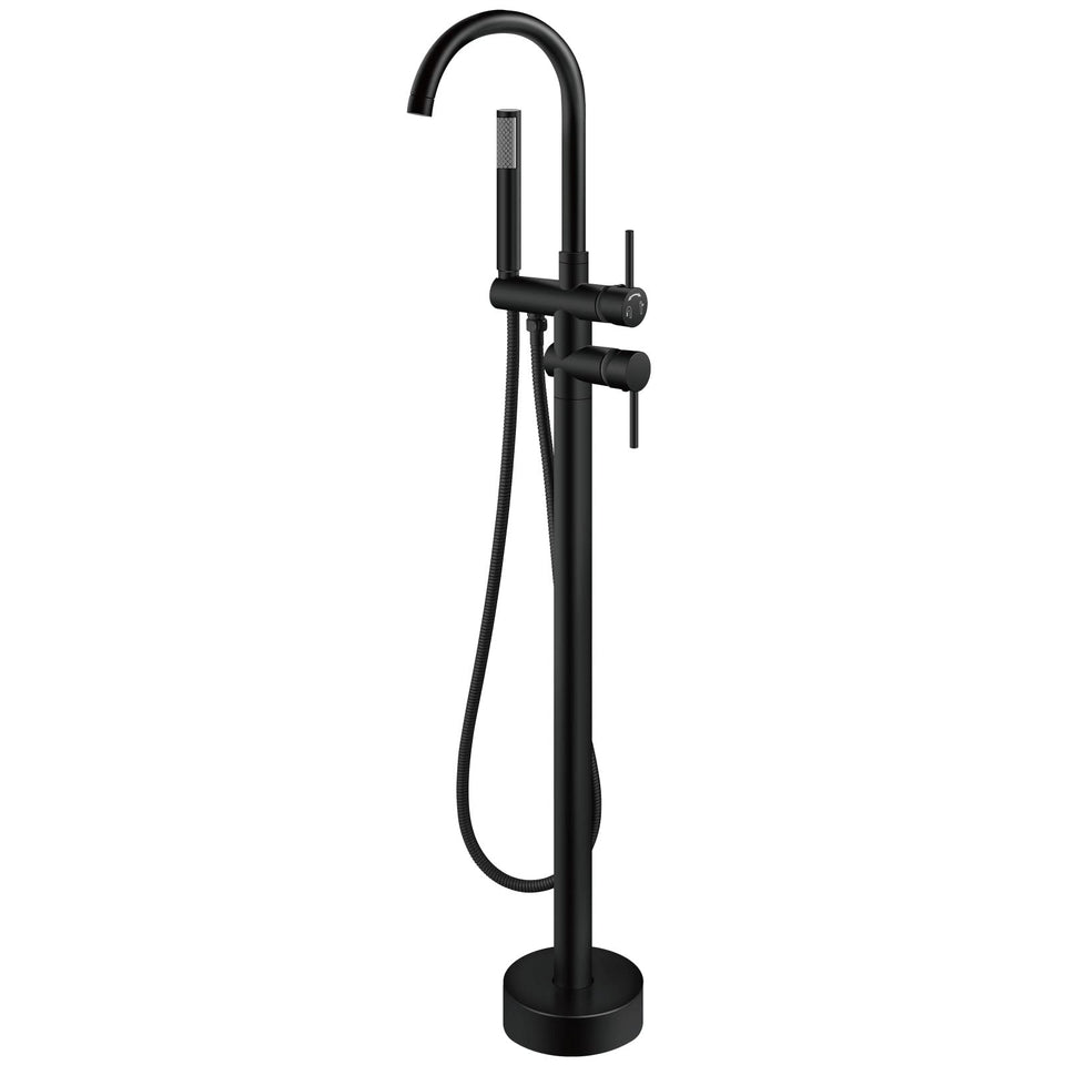 Aolemi floor mount tub faucet in matte black showing a sleek freestanding design and durability