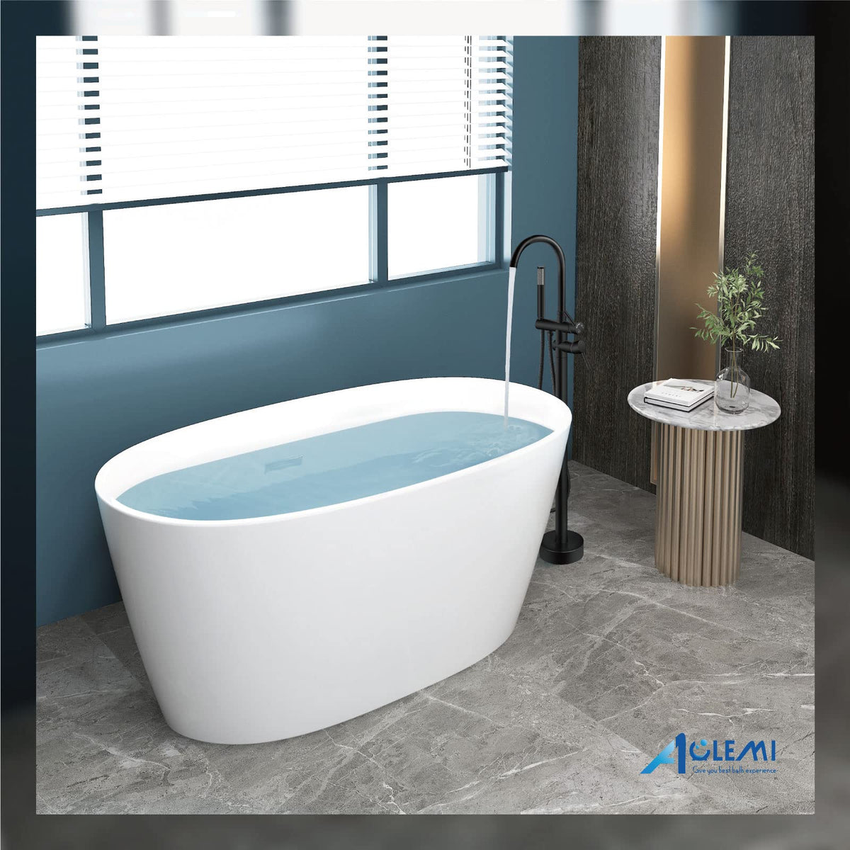 Aolemi six-point-seven-inch spout reach fits standard freestanding setups