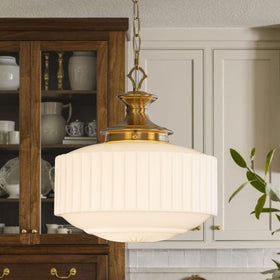 Aomuo vintage brass milk glass pendant light with 13.8-inch shade for warm dining ambience