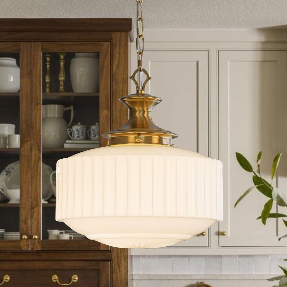 Aomuo vintage brass milk glass pendant light with 13.8-inch shade for warm dining ambience