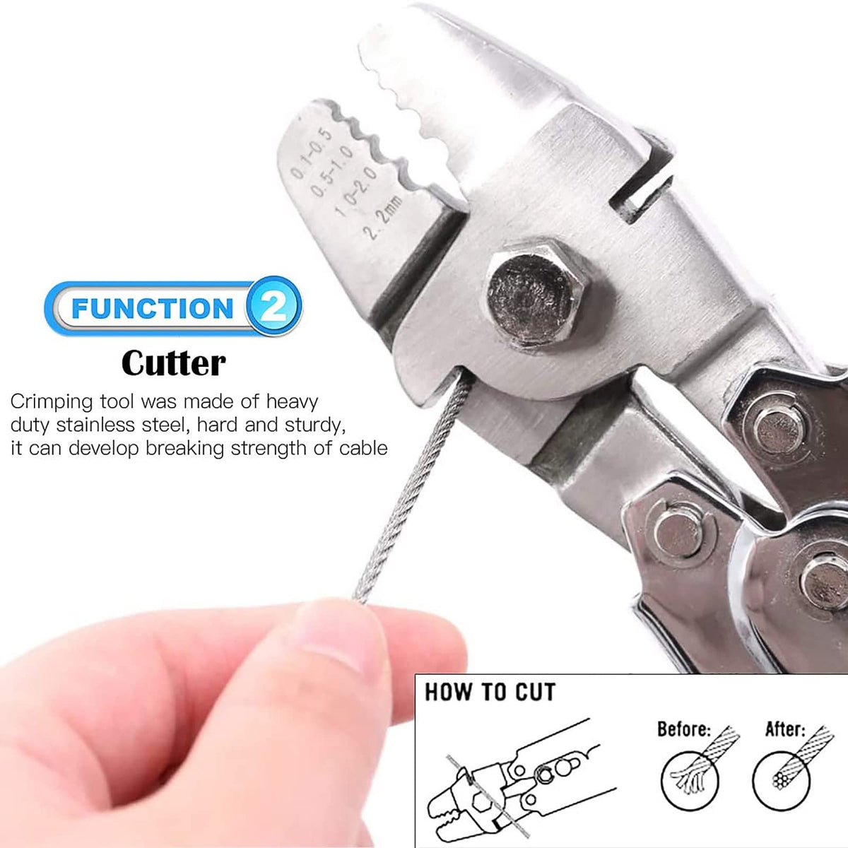 AOOCY tool demonstrates four crimp positions for various cable sizes