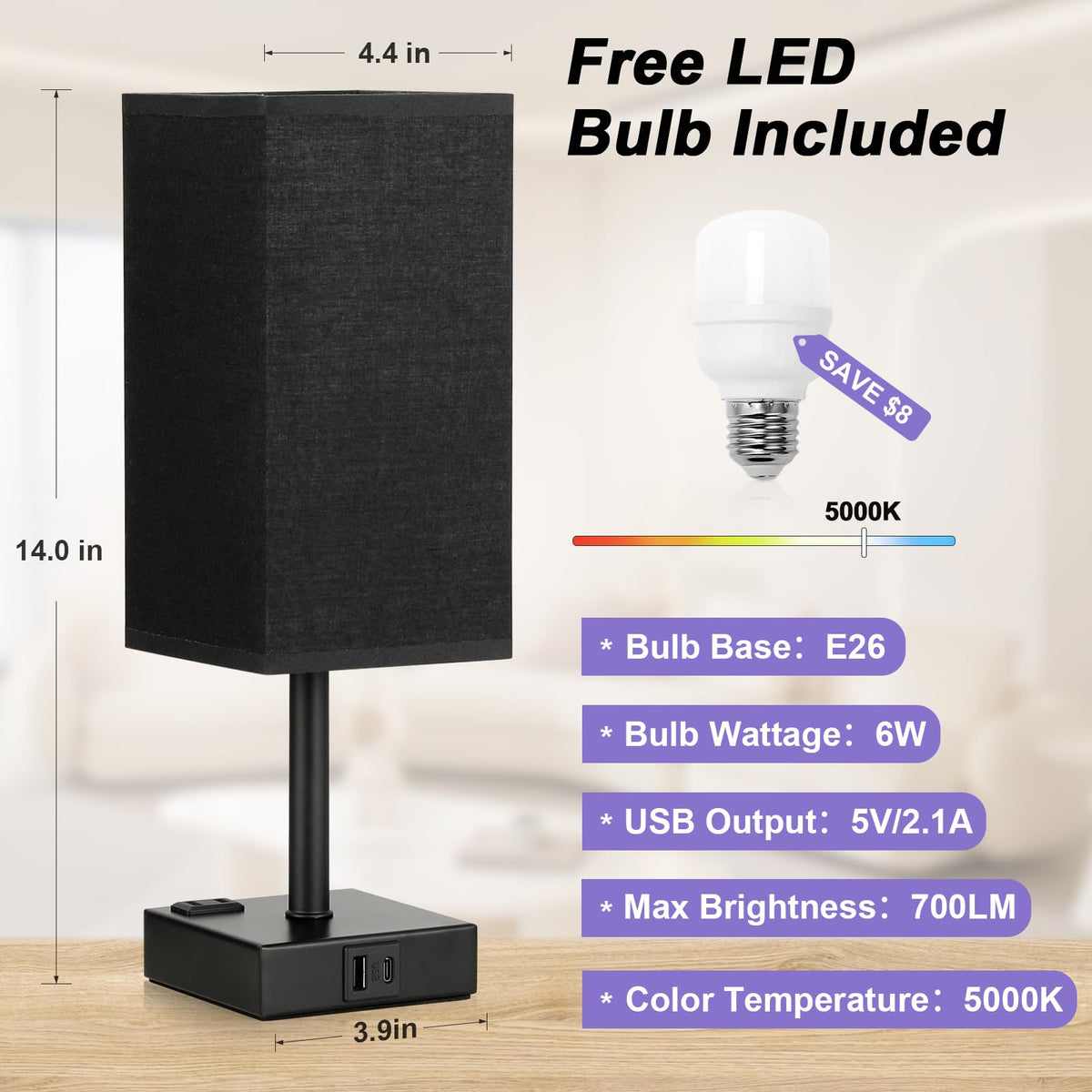 Aooshine 5000K LED bulb included for flicker-free bright light.
