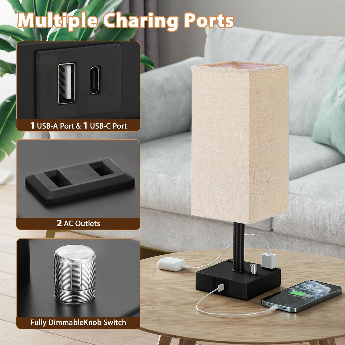 aooshine nightstand lamps with AC outlets in use.