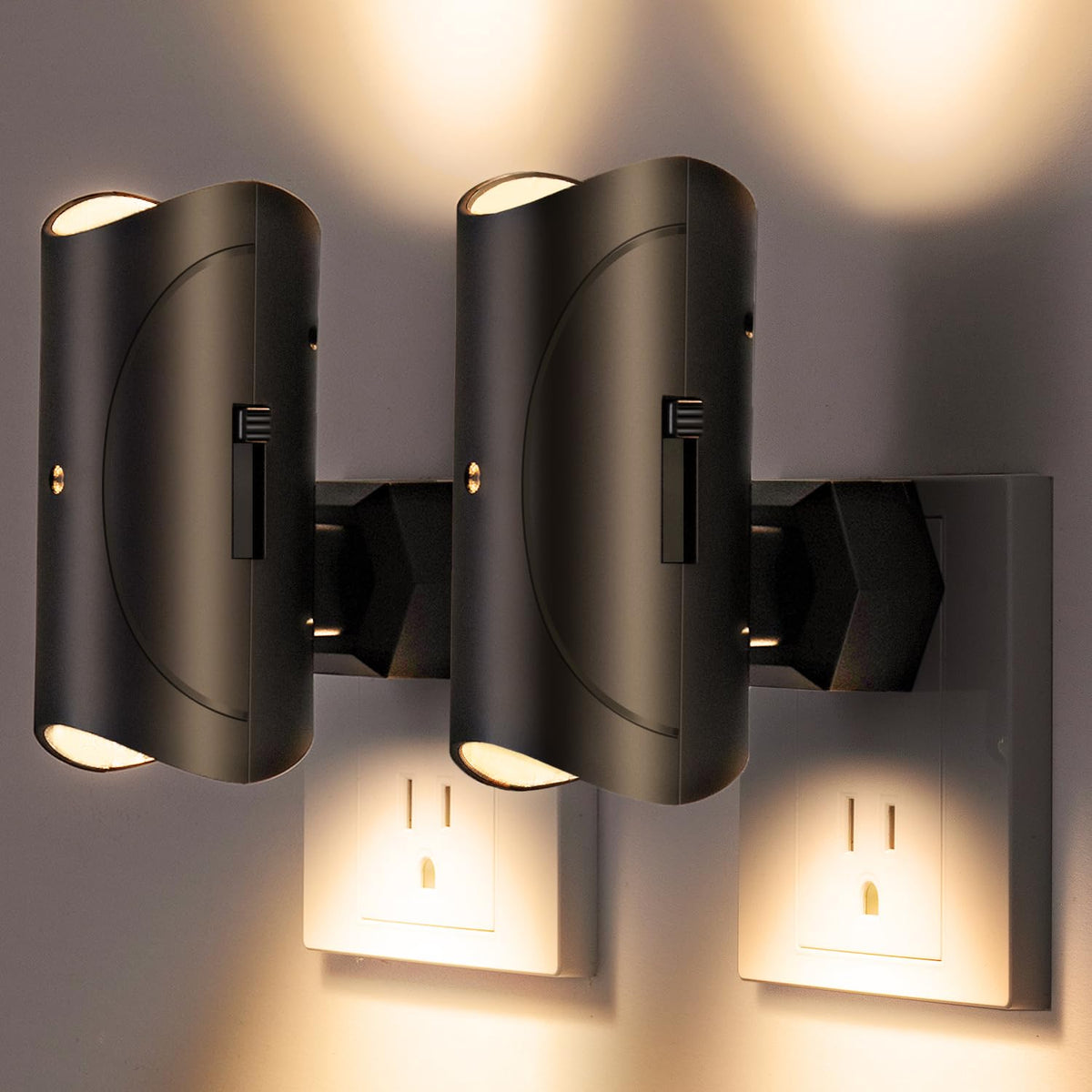 Aora Night Light dual-head wall mount illuminates a hallway with warm glow.
