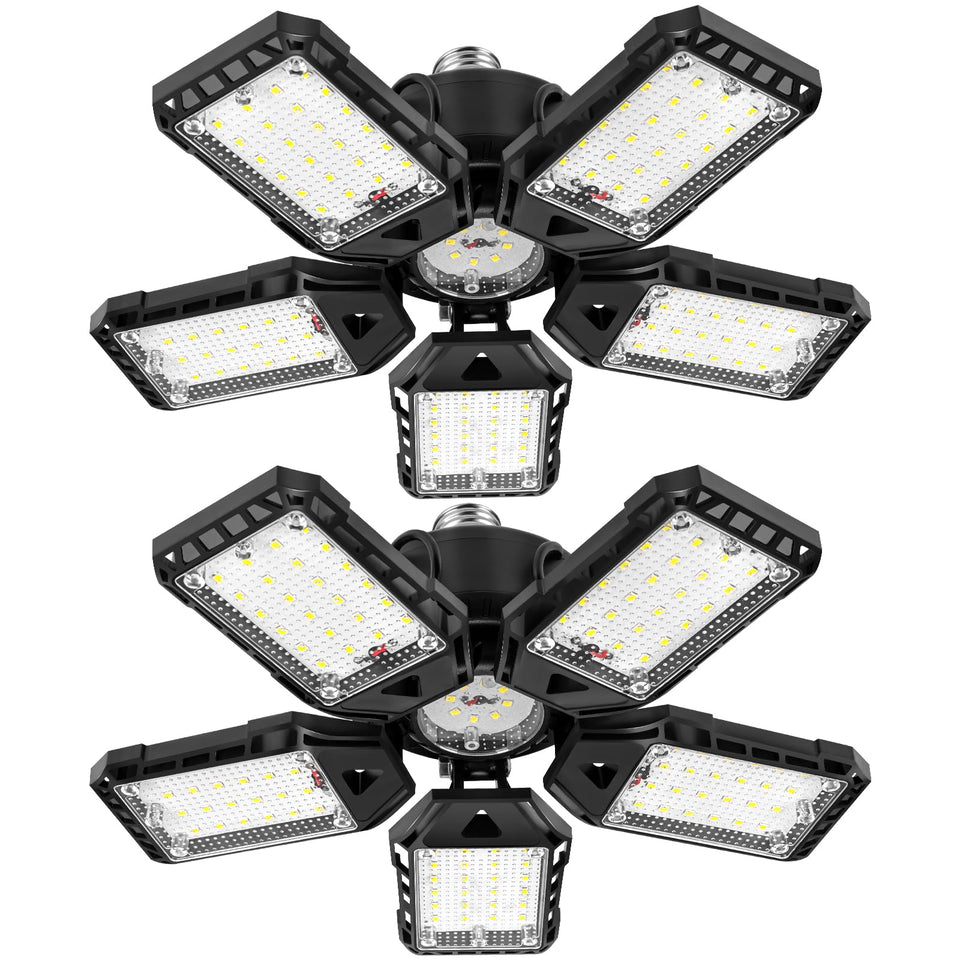 Aoretic 2-Pack LED garage lights with 5-panel deployment for customizable coverage in any garage.
