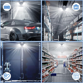 Aoretic ceiling-installation ready garage light providing broad coverage.