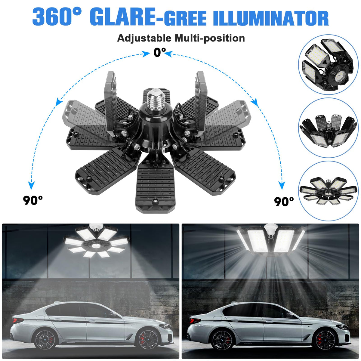 Aoretic eight-panel deformable design with angled panels for targeted lighting.