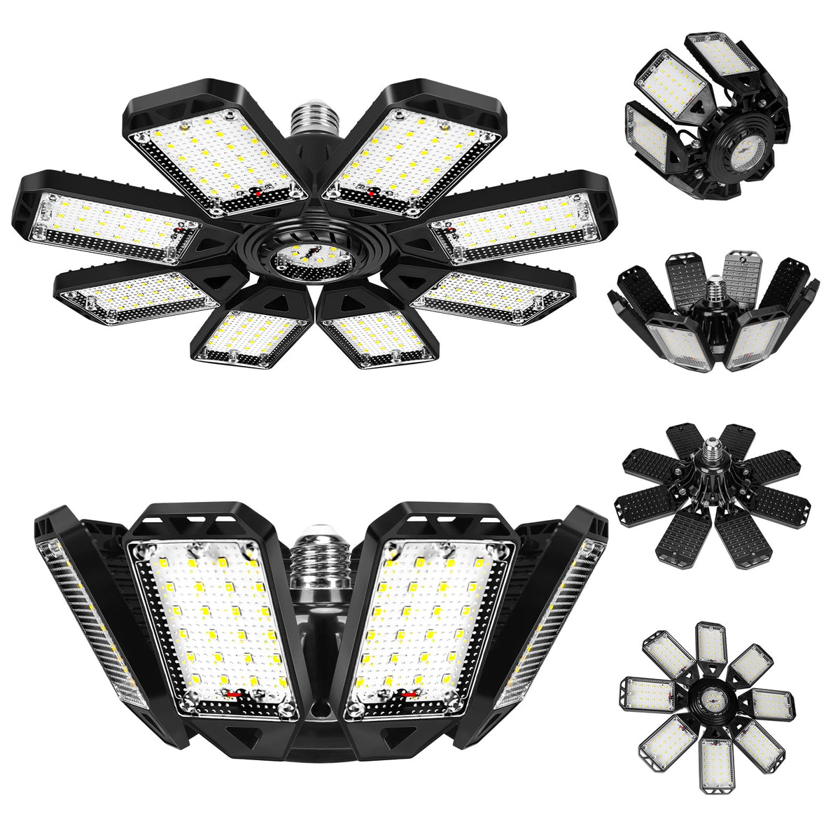 Aoretic eight-panel LED garage light in front view for wide, even illumination.