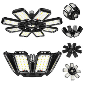 Aoretic eight-panel LED garage light in front view for wide, even illumination.