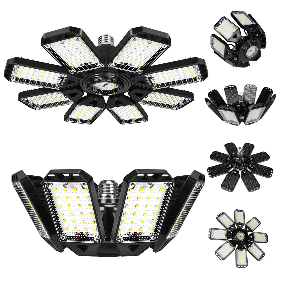 Aoretic eight-panel LED garage light in front view for wide, even illumination.