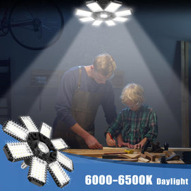 Aoretic eight-panel setup illuminating a wide area in a garage or barn.