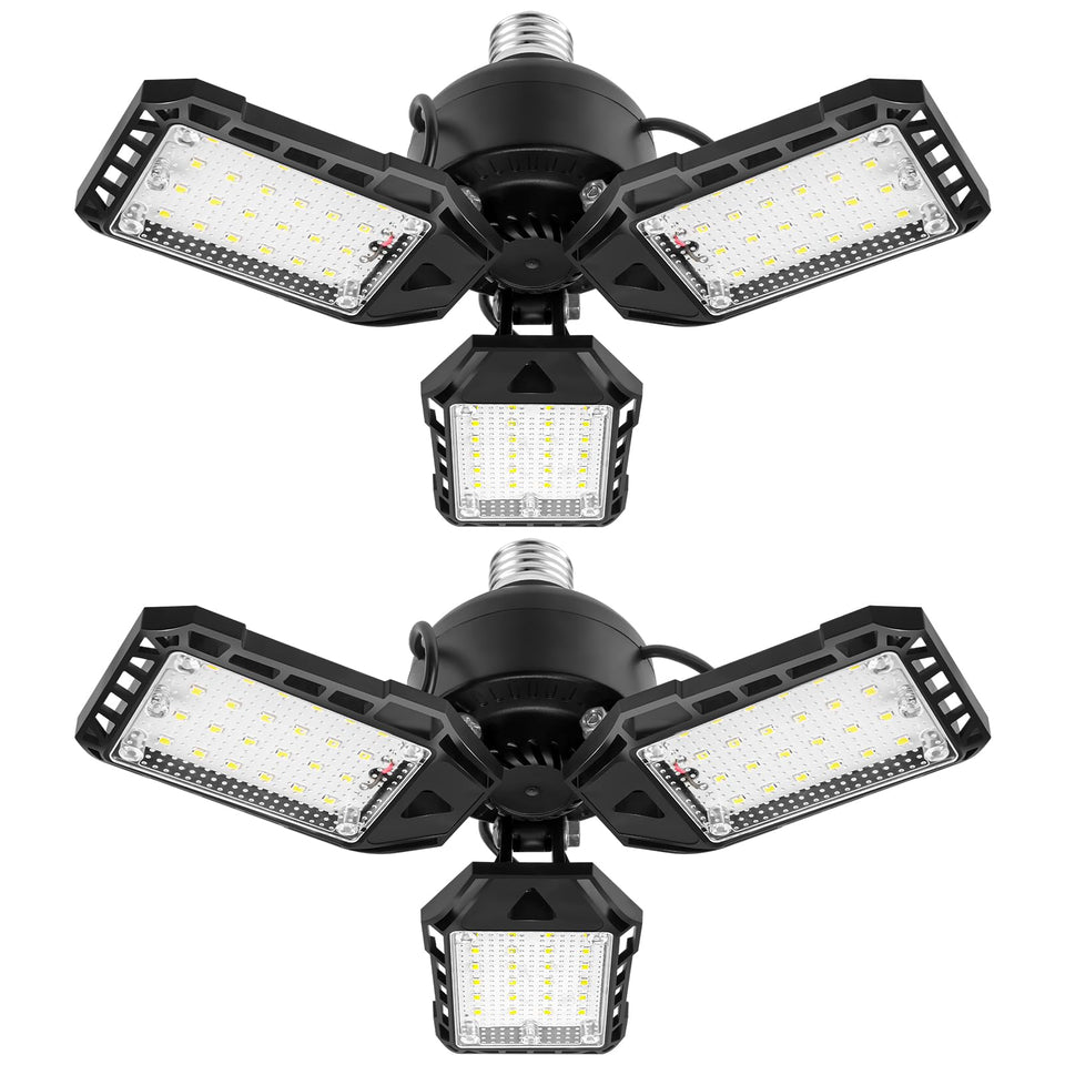 Aoretic LED garage light with three-panel deformable design for flexible lighting.