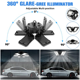 Aoretic LED garage lights installed on ceiling, showcasing 360-degree reach.