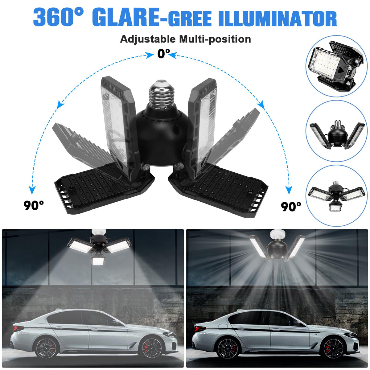 Aoretic LED garage lights with three adjustable panels, flexible coverage for corners.