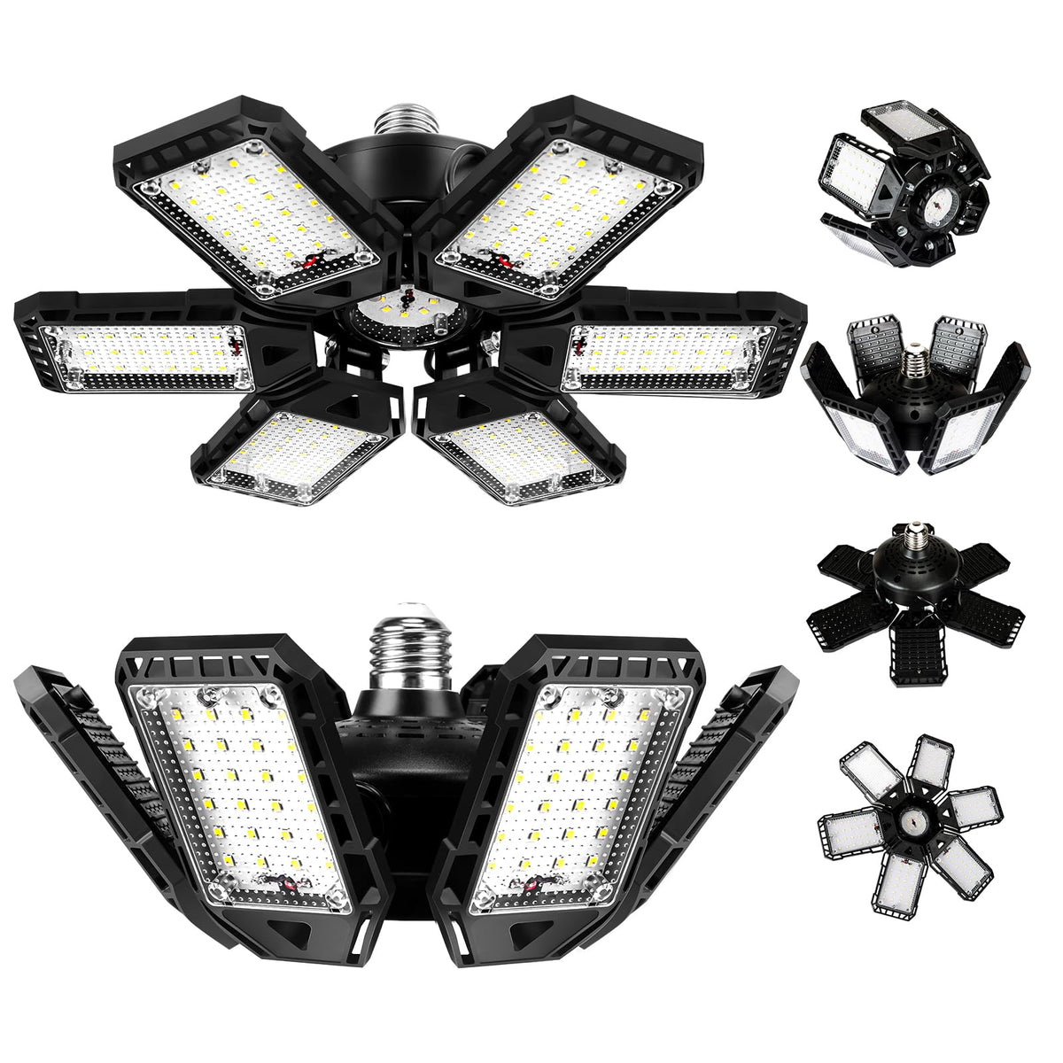 Aoretic LED garage lights with 6-panel assembly for broad, shadow-free coverage.