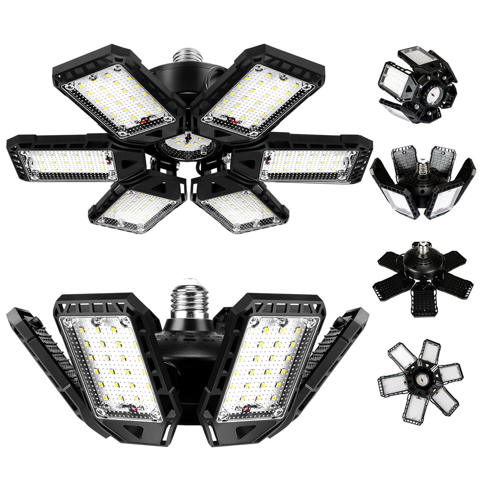 Aoretic LED garage lights with 6-panel assembly for broad, shadow-free coverage.