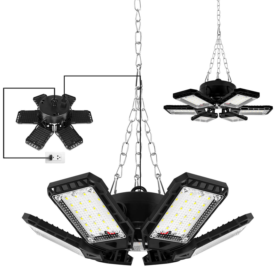 Aoretic LED garage lights with 6+1 panels, assembly view for full coverage.