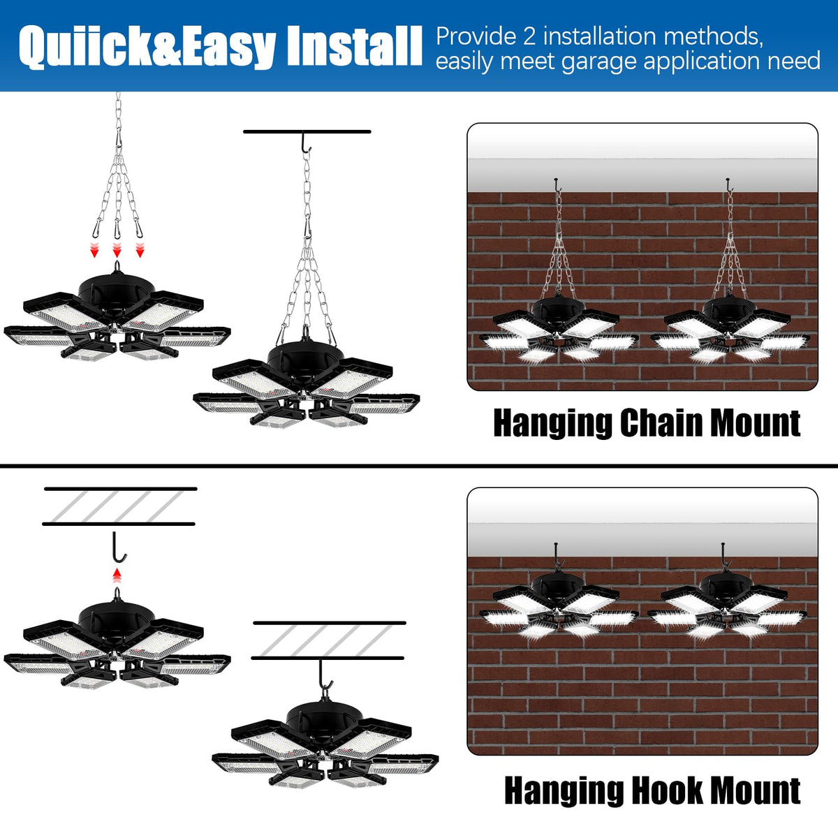 Aoretic garage light with easy installation, no tools required.