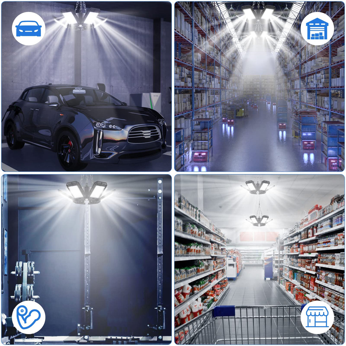 Aoretic large-area lighting suited for garage, barn, and shop.