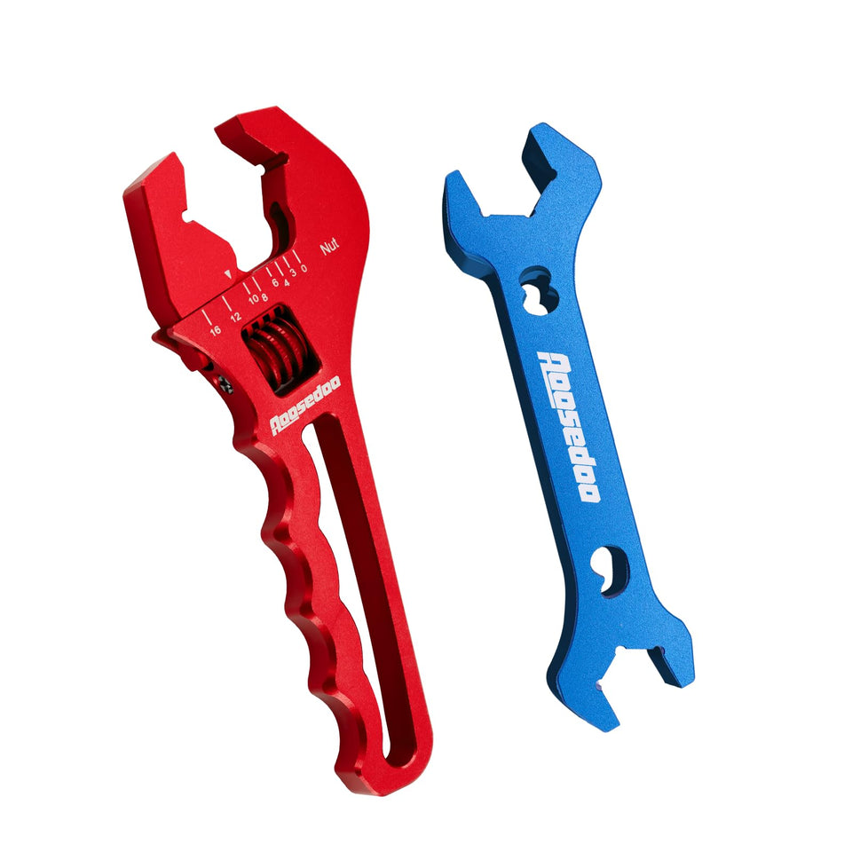 AOOSEDOO adjustable AN fitting wrench in use for 3AN-16AN connections, lightweight aluminum finish.