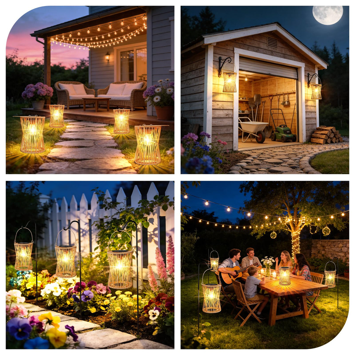 Weatherproof hanging lantern lights porches and walkways without wiring.