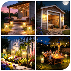 Weatherproof hanging lantern lights porches and walkways without wiring.