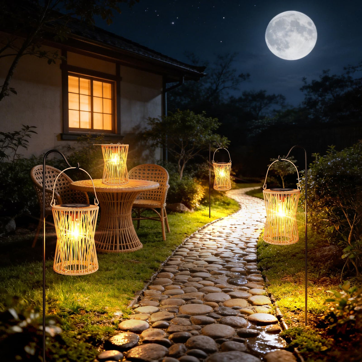 AOUNQ solar lanterns shown ready to hang on a porch.