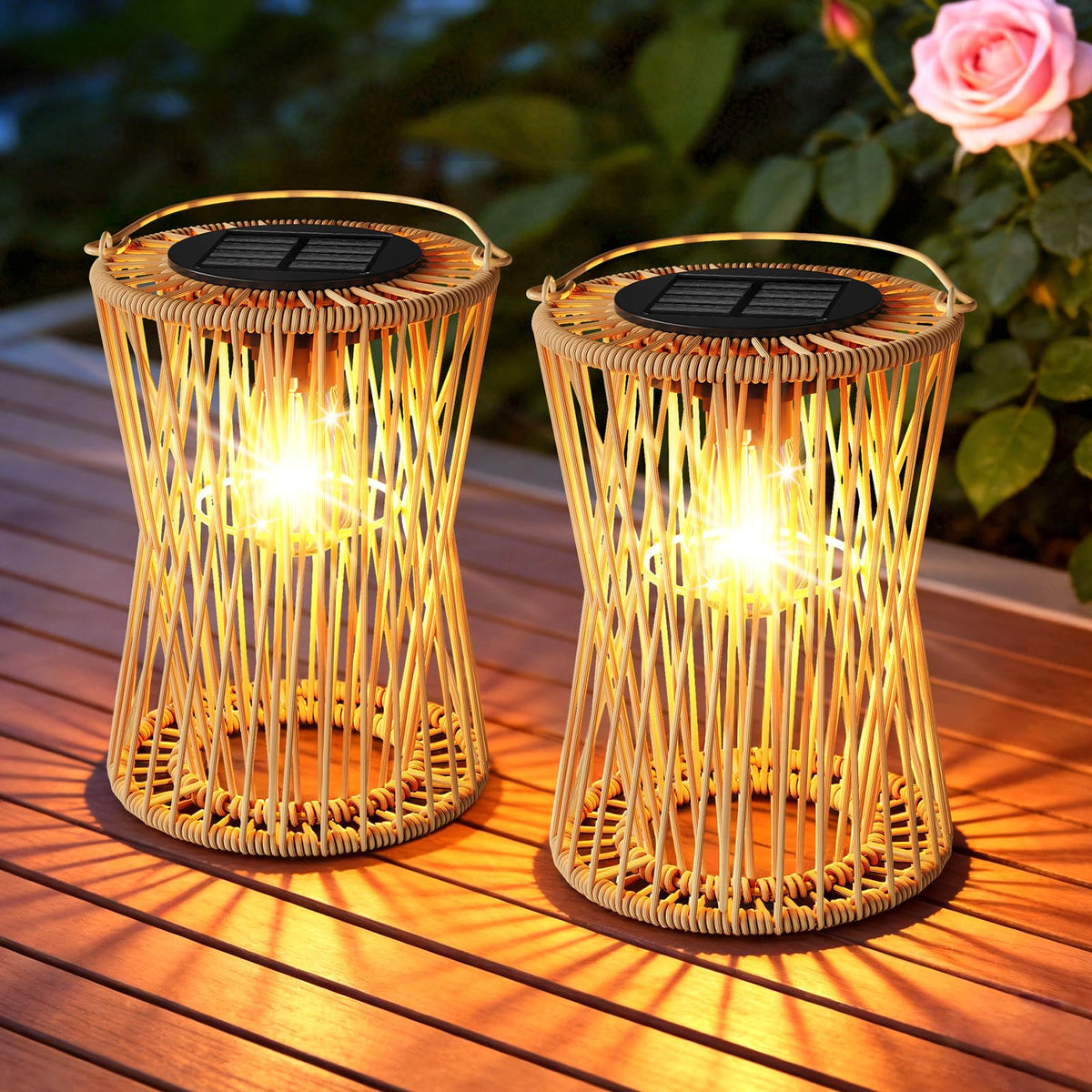 AOUNQ solar lantern with vintage rattan weave casting warm amber light outdoors.