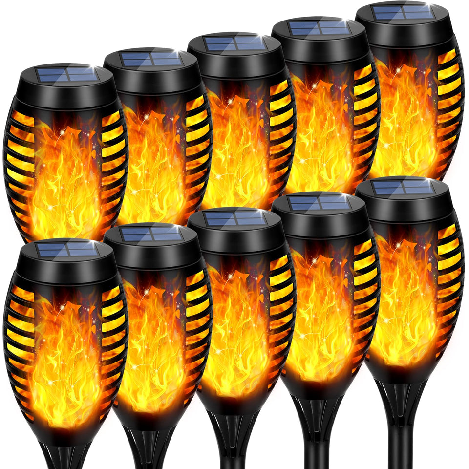 AOUNQ solar torch light with dancing flame adds cozy ambiance to outdoors.