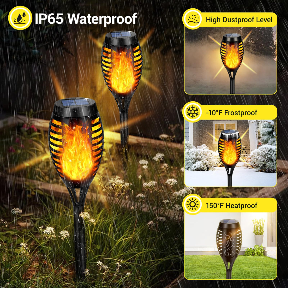 AOUNQ outdoor flame torch highlights garden decor with warm glow.