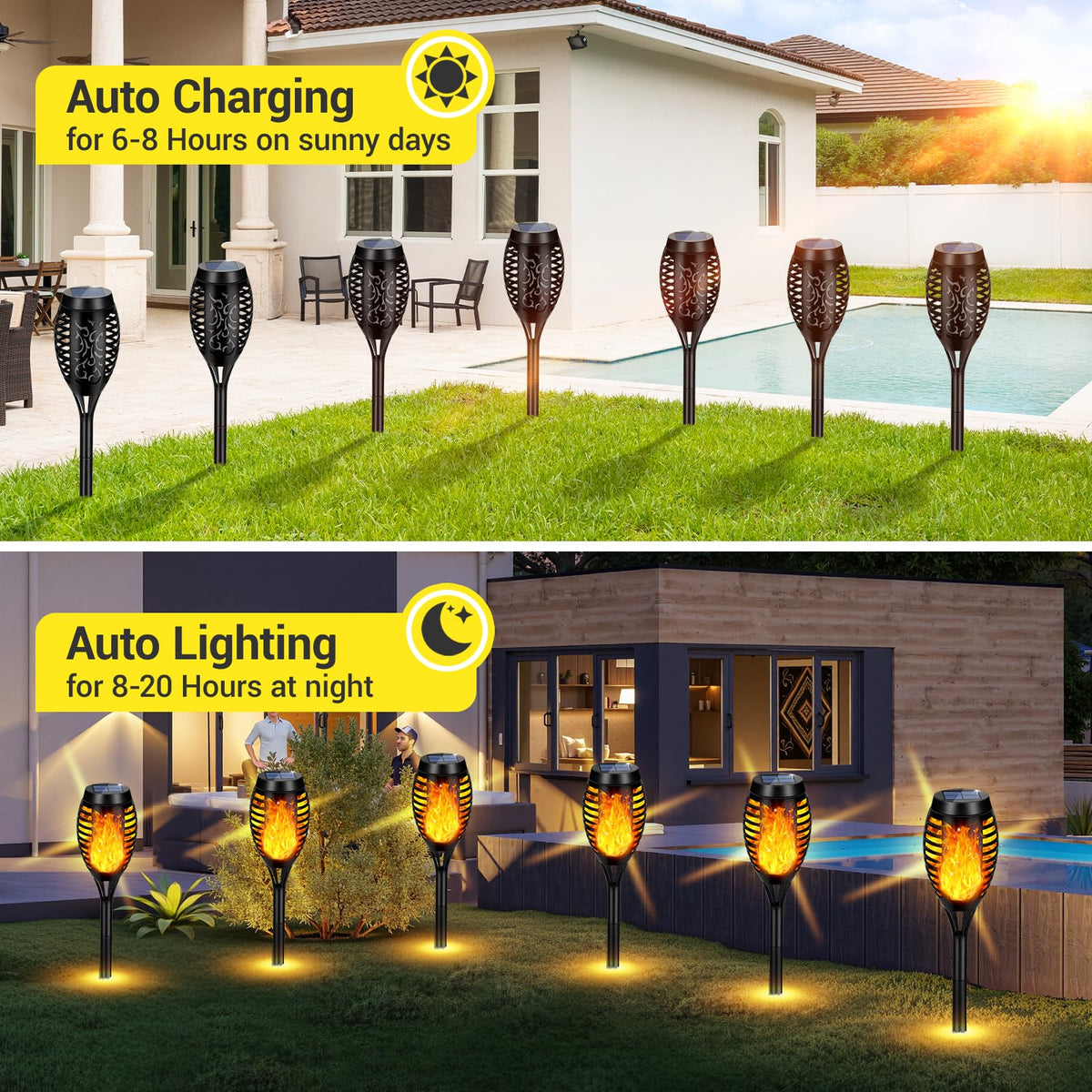 AOUNQ solar torch light provides patio illumination without wiring.