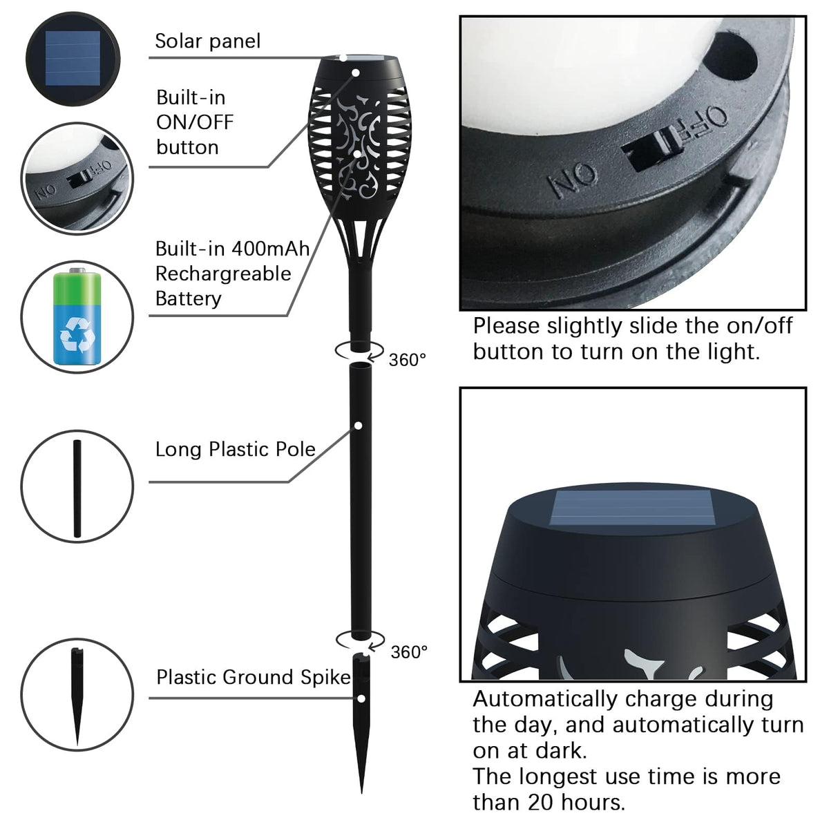 AOUNQ solar torch light with daylight sensor for auto on off.