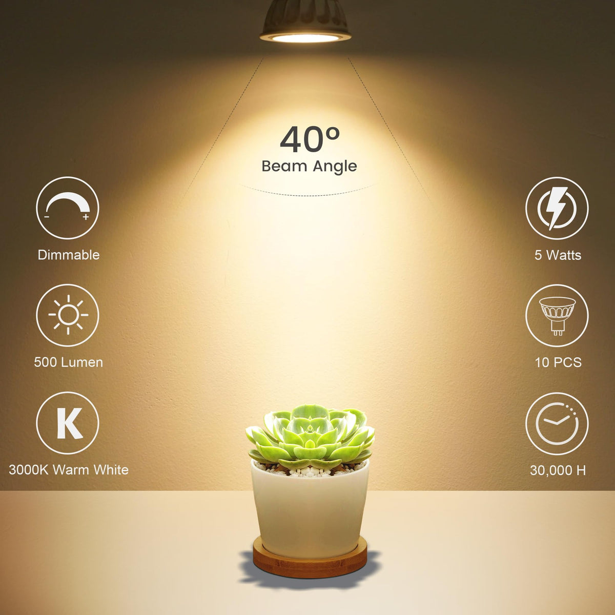 Aovpex 12V MR16 bulbs with 5W output and 3000K warmth for cozy spaces.
