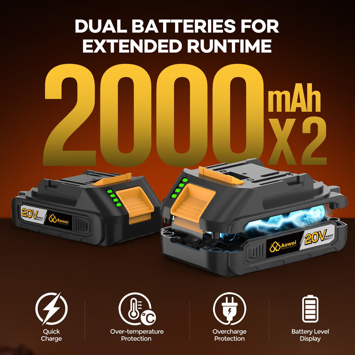 AOWEI 20V 2.0Ah battery pack powering longer project sessions.