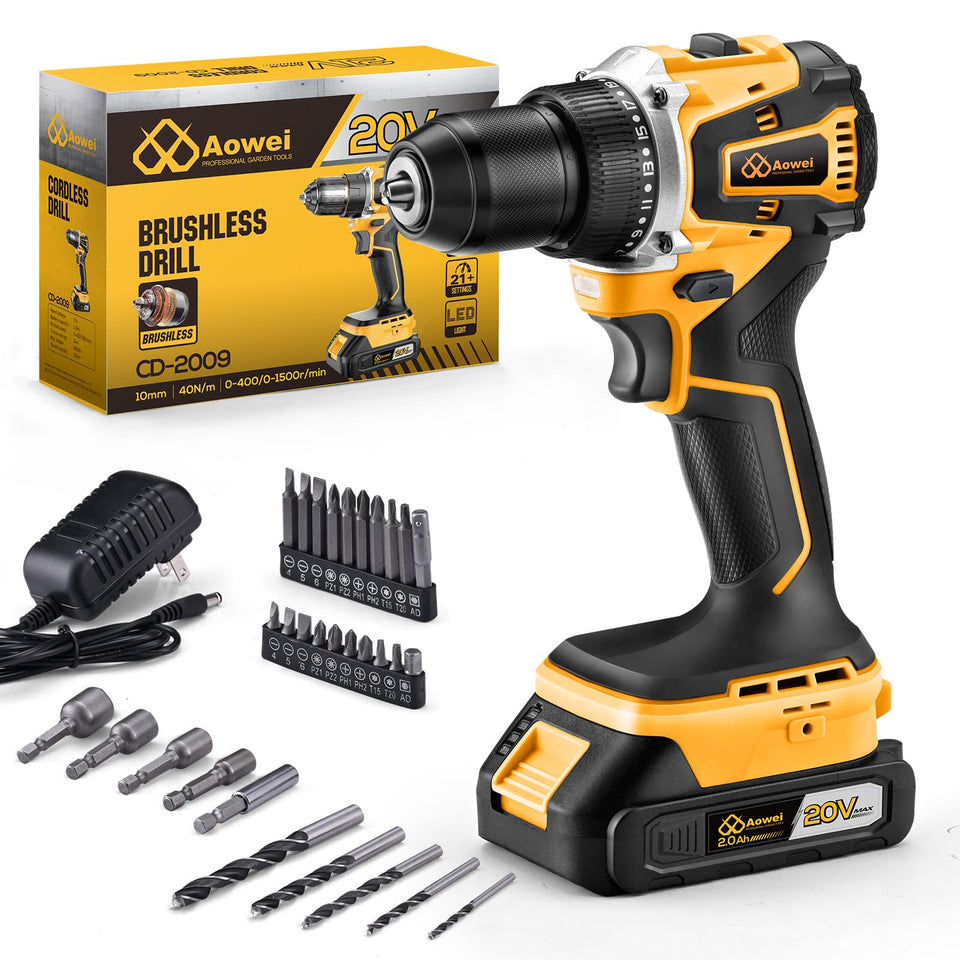 AOWEI 20V brushless drill in action for home repairs.