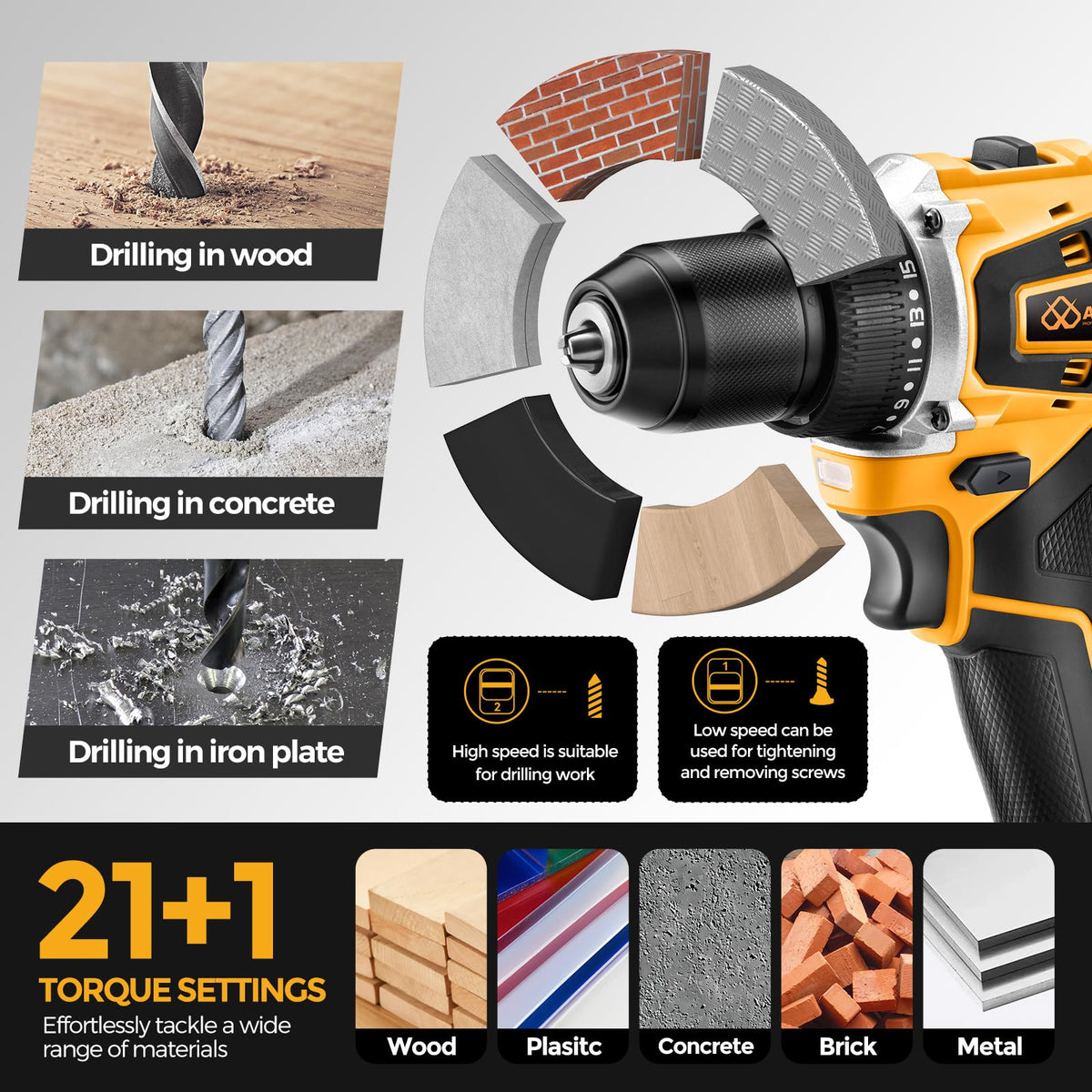 AOWEI metal keyless chuck for secure bit grip.