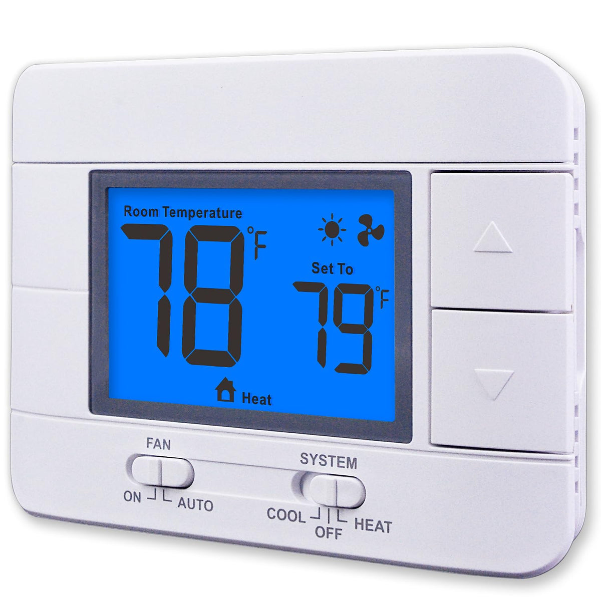 Aowel AW701 thermostat front view with blue backlit LCD for easy night readability.
