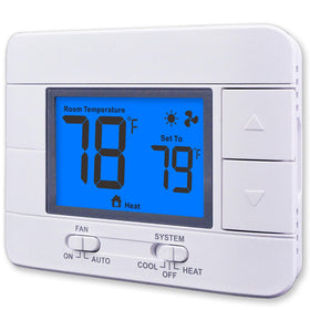 Aowel AW701 thermostat front view with blue backlit LCD for easy night readability.