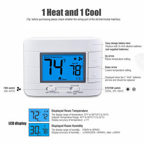 Aowel non-programmable thermostat display with blue backlight for visibility.