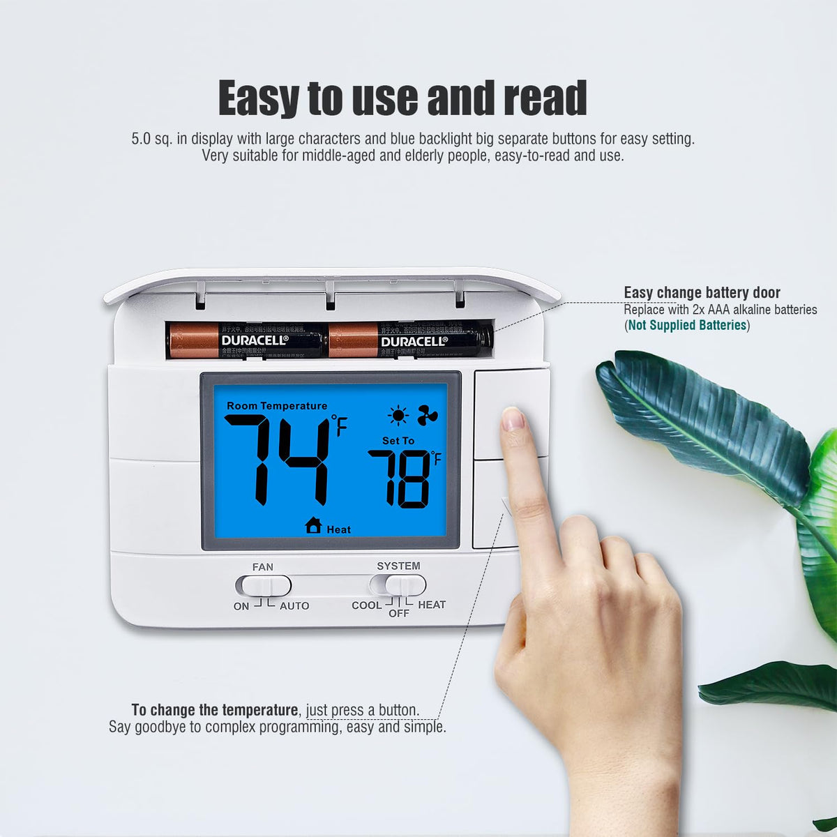 Aowel thermostat front view with a large blue backlit display.