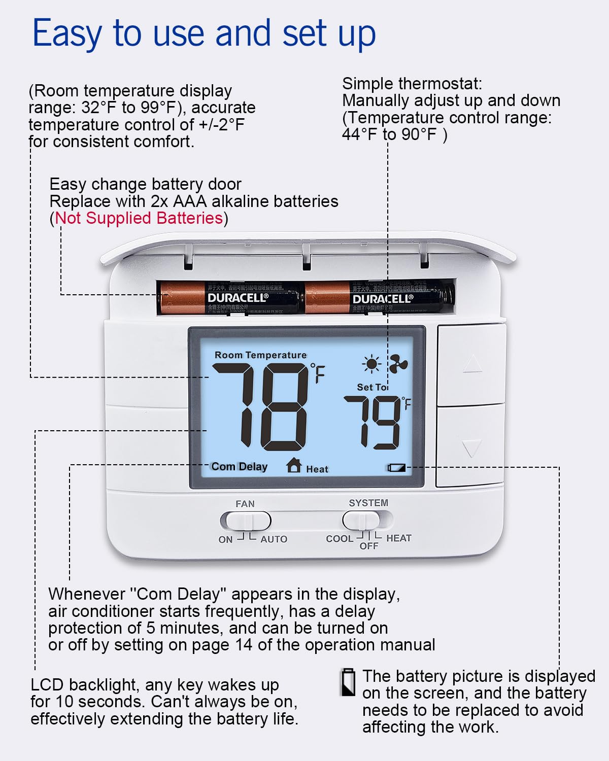 Aowel thermostat power options showing 24VAC wiring and battery compatibility