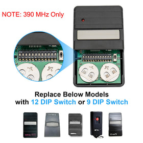 Apaix Genie dip-switch closeup highlights 390 MHz compatibility and fixed-code reliability
