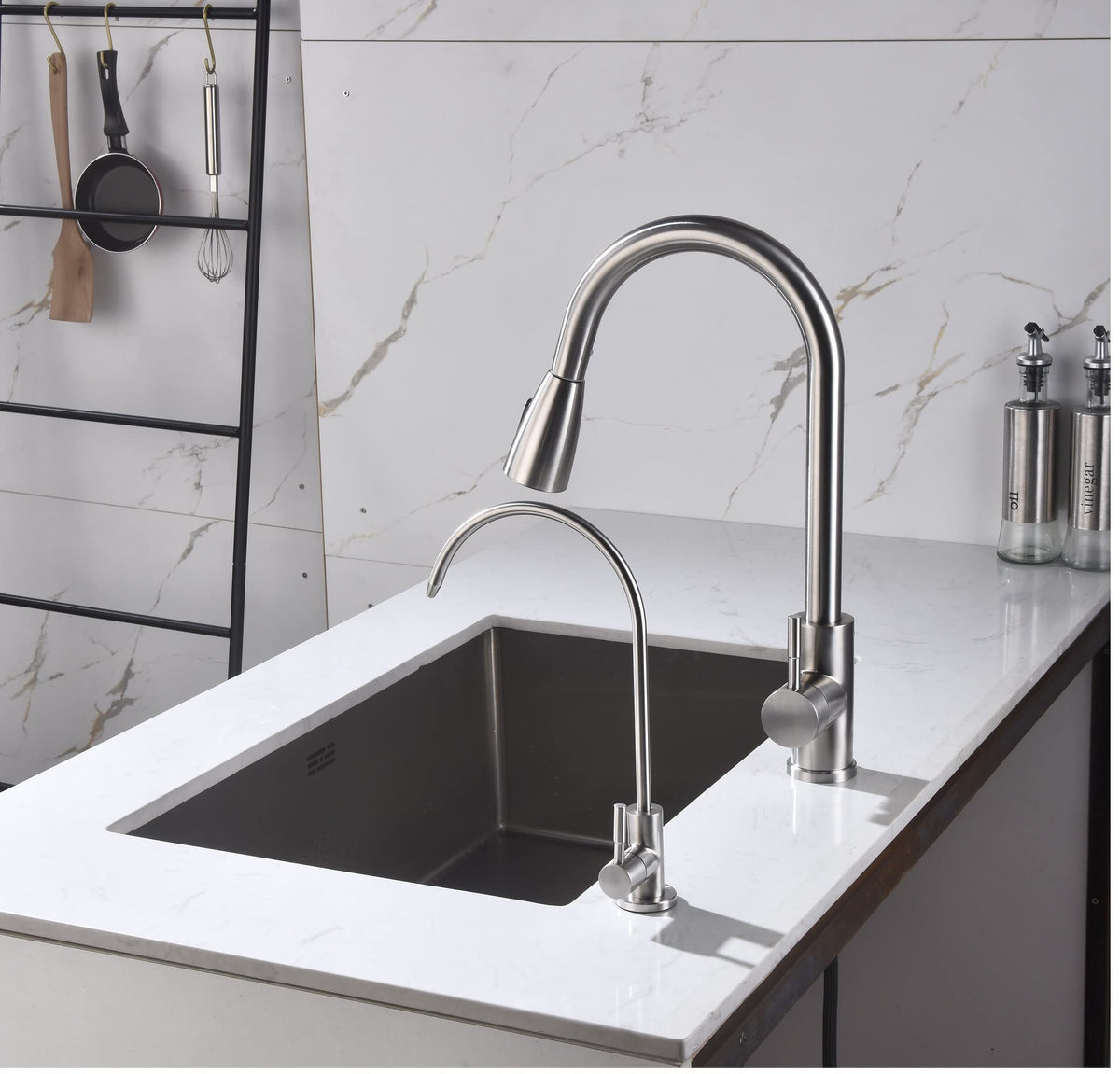 Apaix high-arc spout provides ample clearance for tall containers and bottles.