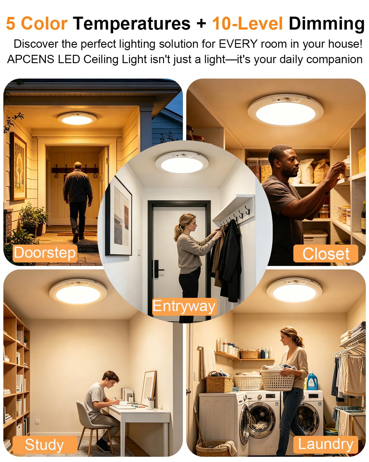 APCENS remote controls dimming and color temperature for customized ambiance.