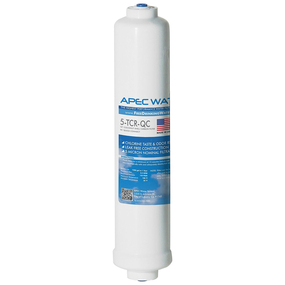 APEC Water inline carbon filter with quick-connect ready for easy installation