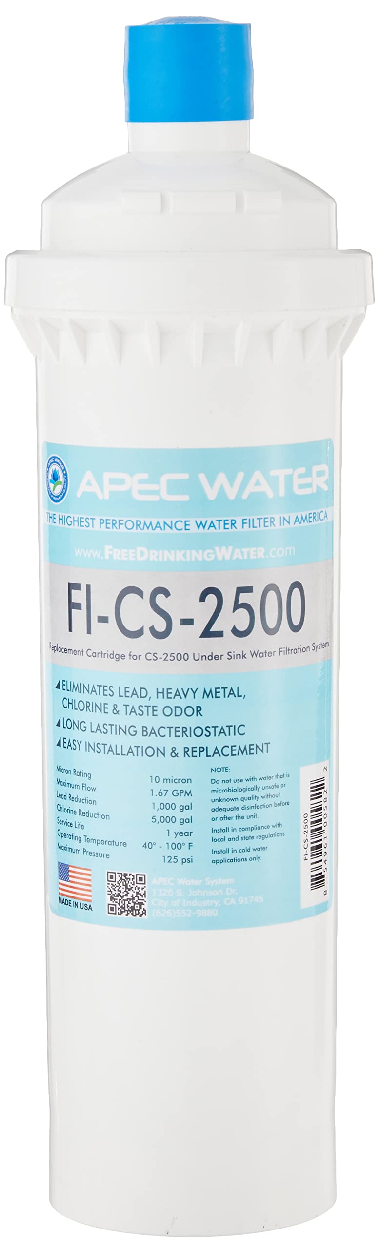 APEC FI-CS-2500 replacement filter for CS-2500 reduces chlorine and odors.