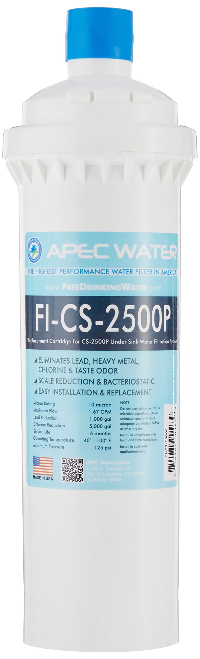 APEC Water FI-CS-2500P replacement filter front view offering dependable impurity removal for cleaner, better-tasting water.