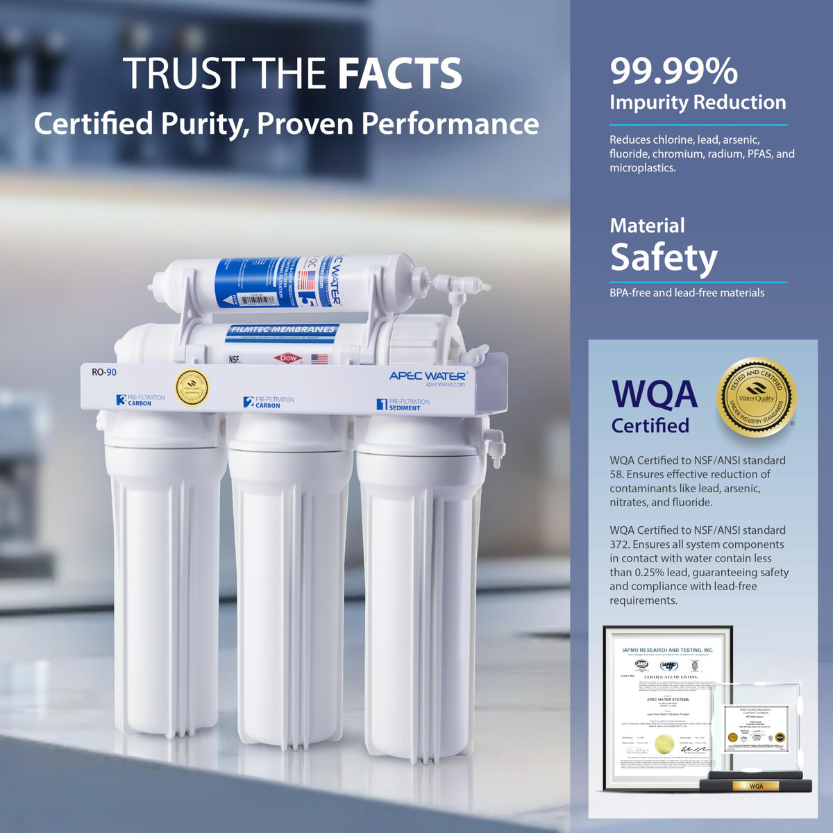 APEC RO-90 carbon block filter reduces chlorine and odors for cleaner taste